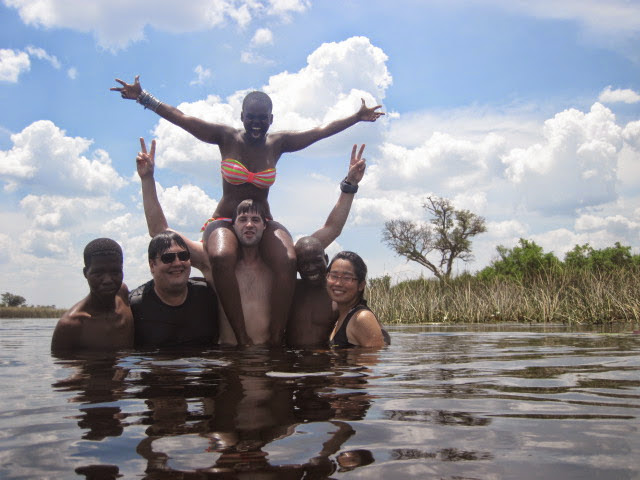 Swimming in the Okavango Delta in Maun, Botswana during my backpacking Cape to Cairo trip. With various friend i just met on the camping trip